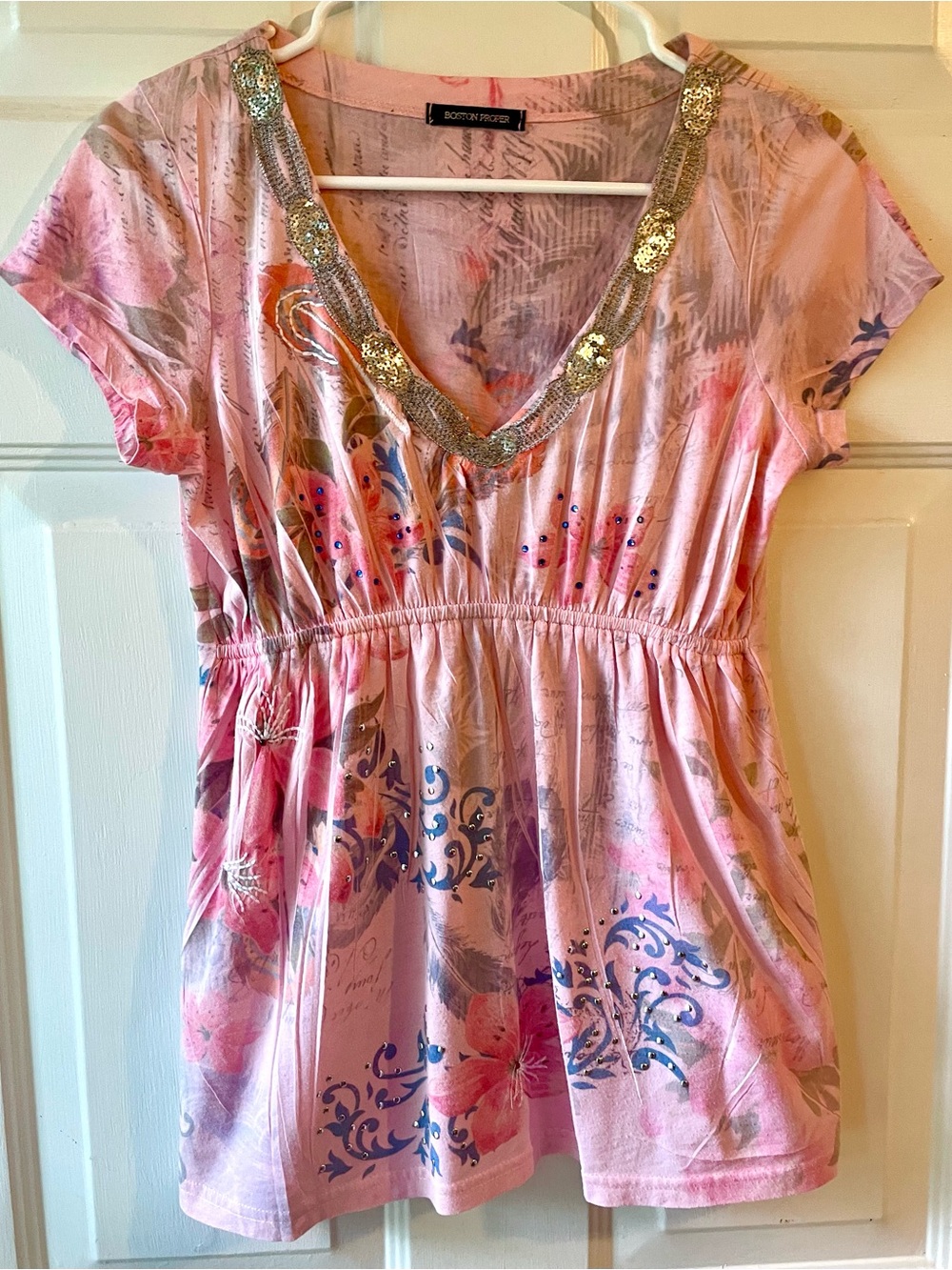 Boston Proper Pink Floral Silver Sequin Stud Mesh Blue Gem Detail Boho Top Med